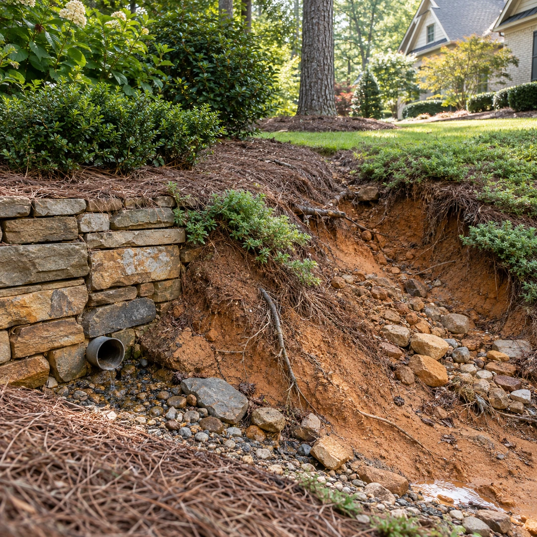 Localized erosion at a sloped landscape edge
