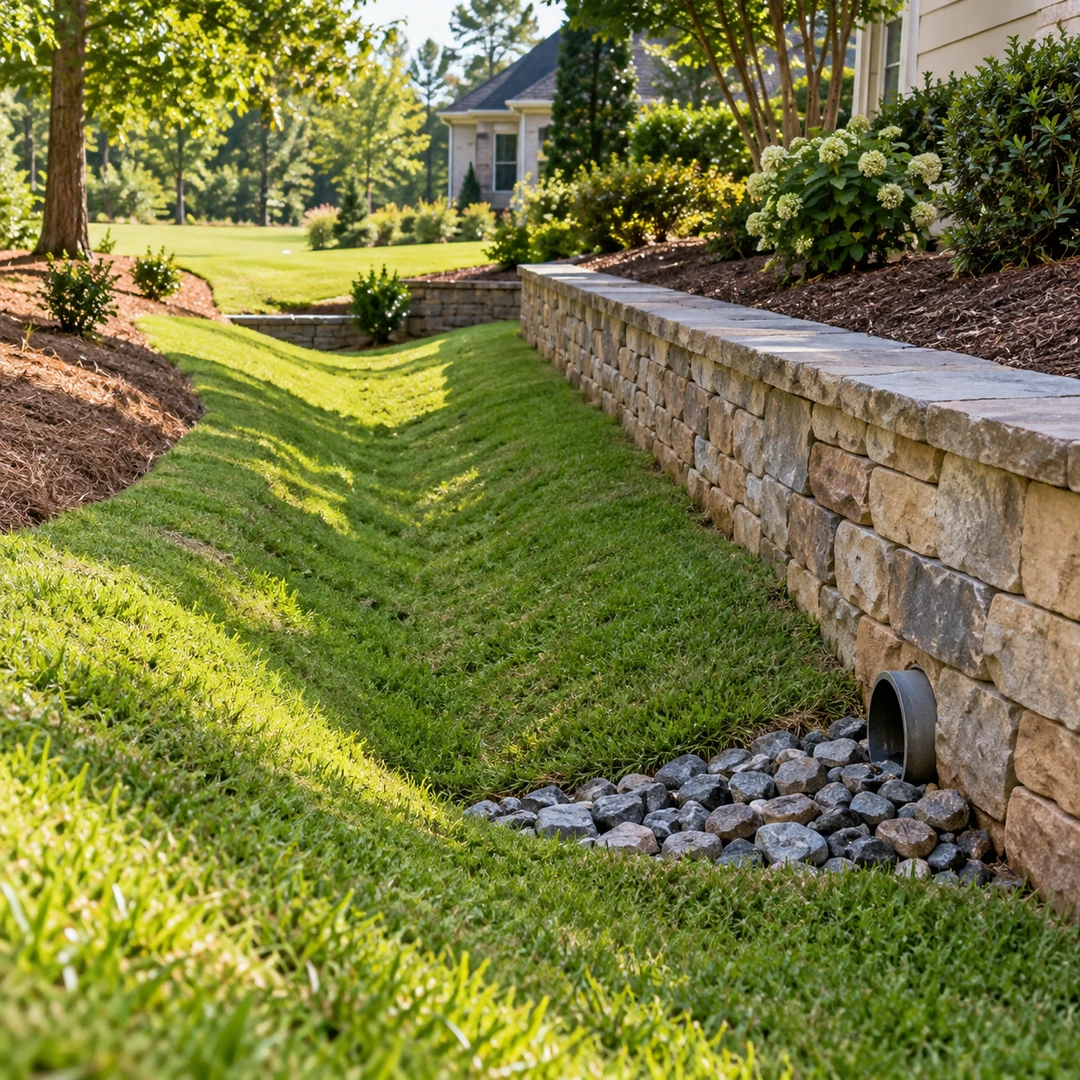 Lawn swale leading to an outlet at a stone retaining wall