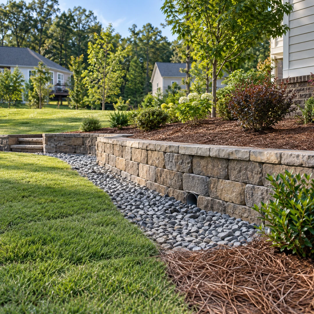Stone retaining wall with a round outlet above a gravel drainage strip