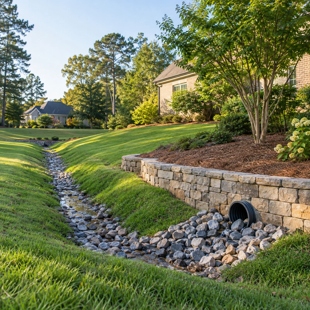 Sloped lawn with a rock drainage channel beside a retaining wall