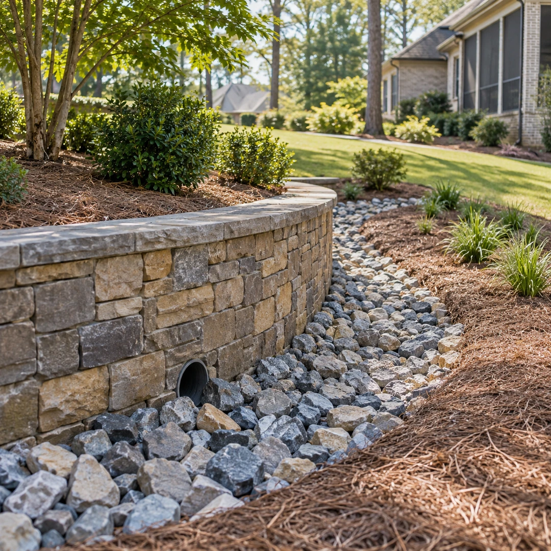 Curved retaining wall with a round outlet and rock channel
