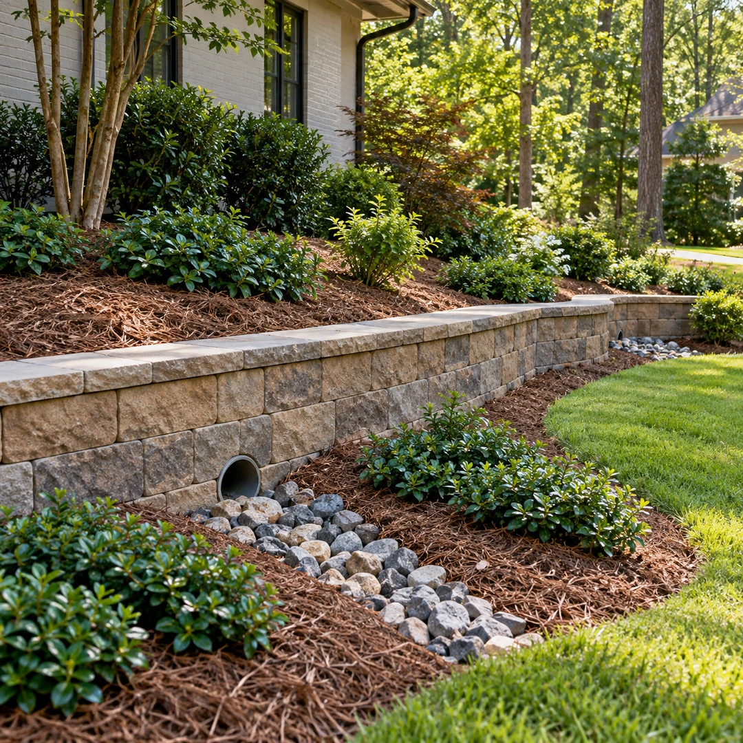Small retaining wall outlet draining into a stone bed