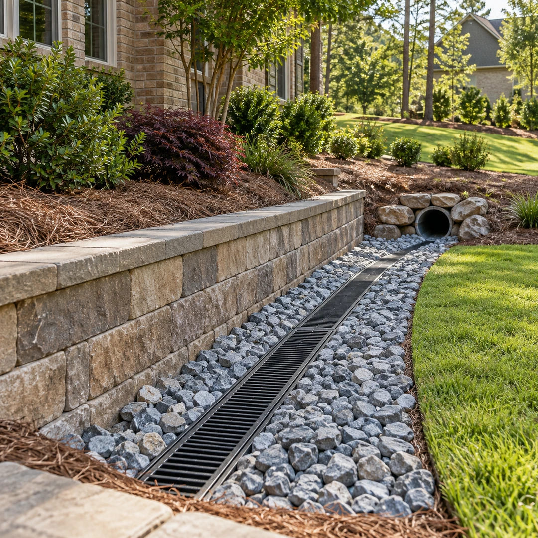 Retaining wall beside a grated channel drain and gravel bed