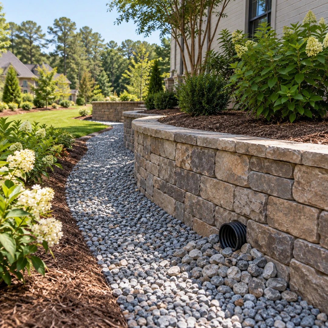 Retaining wall with a corrugated outlet above a gravel channel