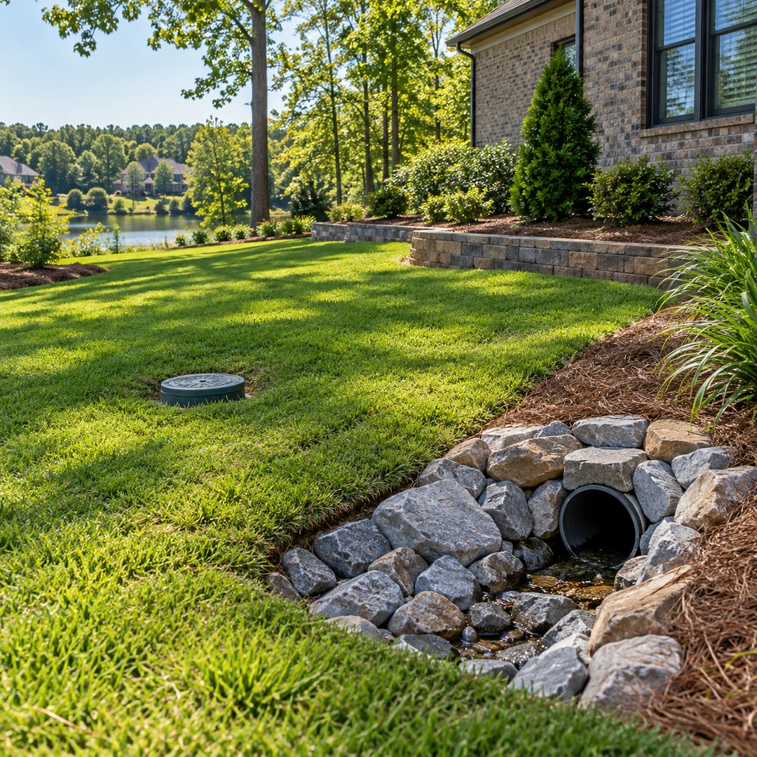 Sloped lawn with a drain access cover and stone protected outlet