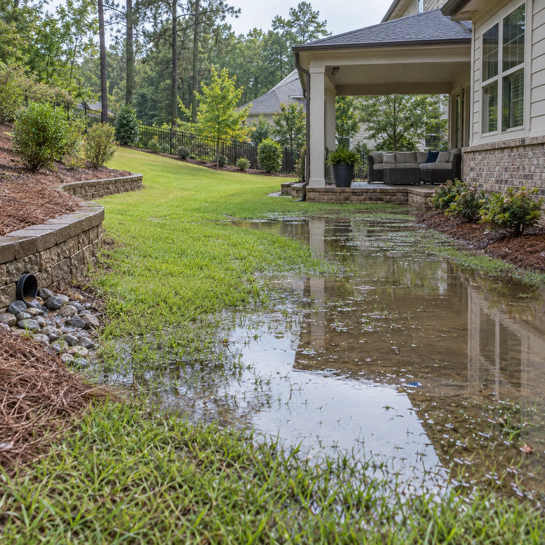 Standing water beside a covered patio and backyard lawn