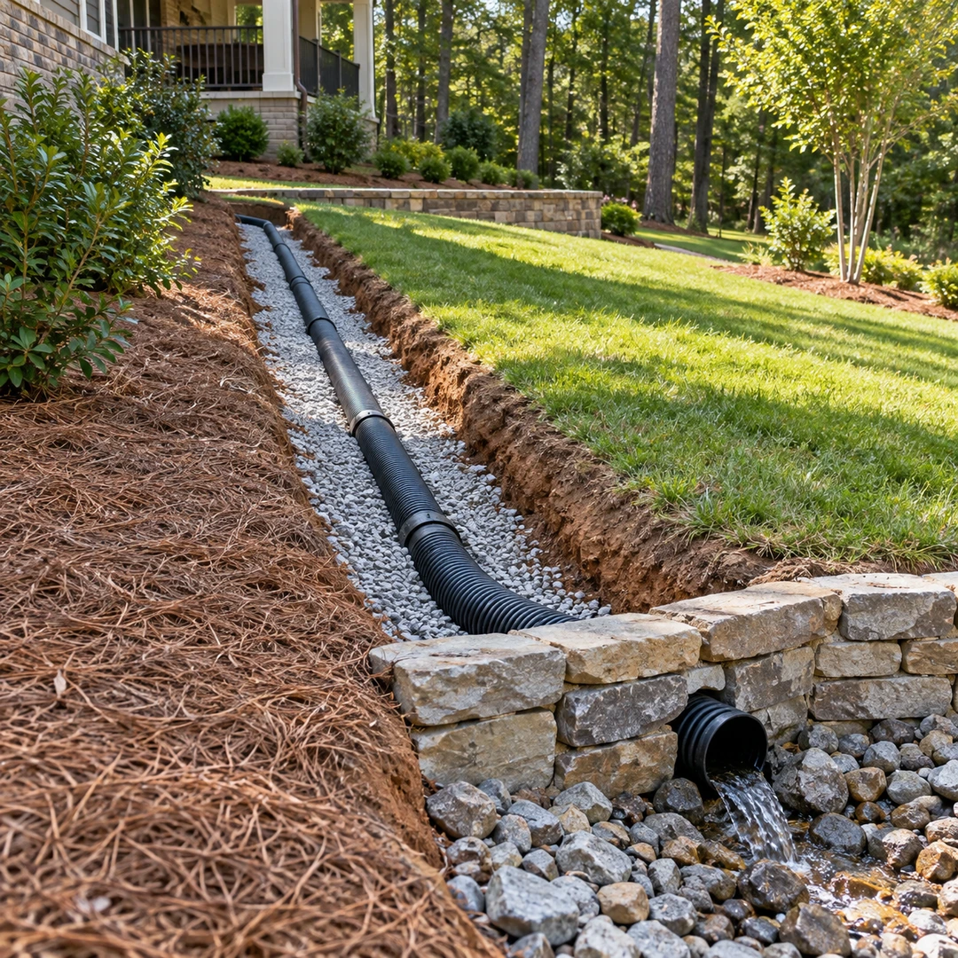 Open gravel filled drain trench with corrugated pipe