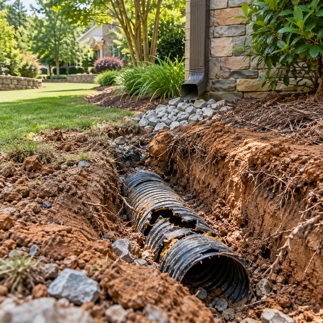 Broken corrugated drain pipe exposed in a shallow trench