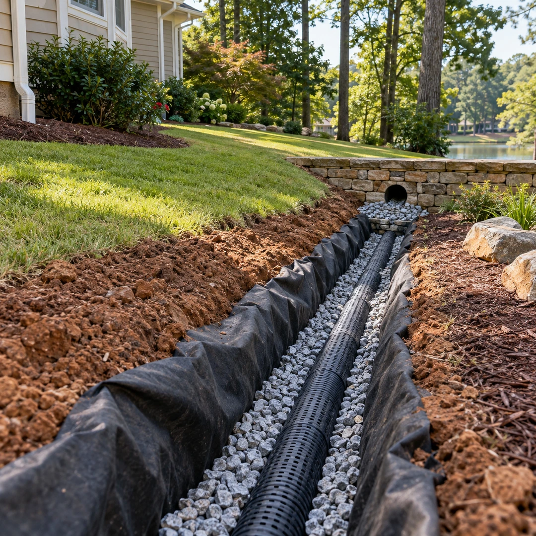 Fabric lined drain trench with corrugated pipe and gravel