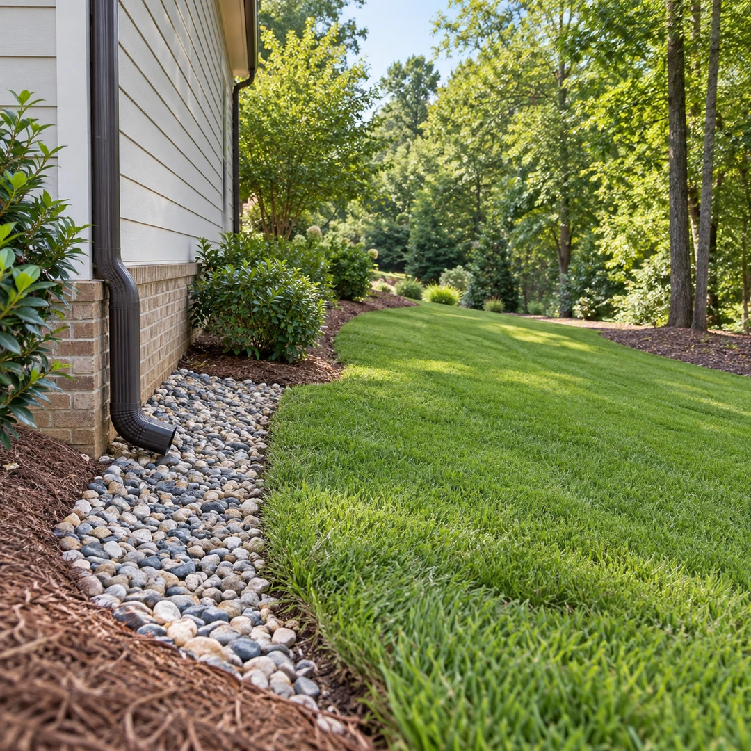 Gravel drainage strip and gently sloping side lawn beside a house