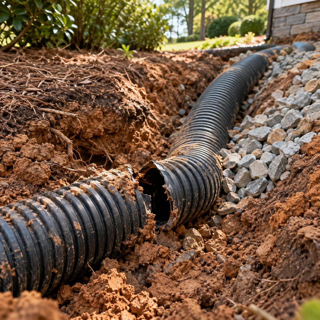 Broken corrugated drain pipe at a bend in a shallow soil trench