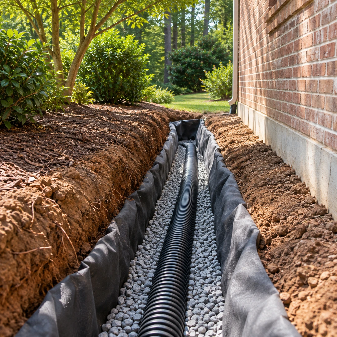 Fabric lined gravel trench with drainage pipe beside a brick house