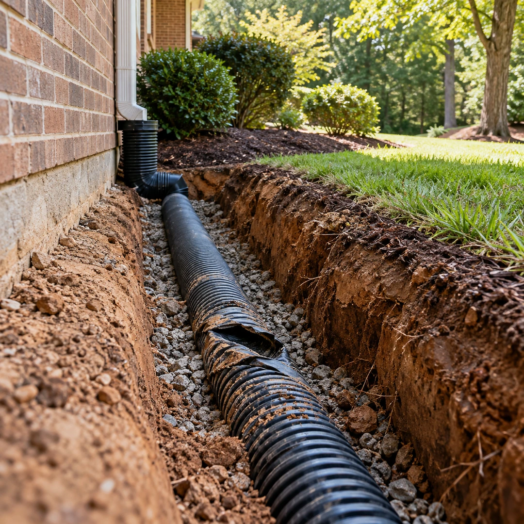 Crushed corrugated drain pipe exposed in a trench beside a brick house