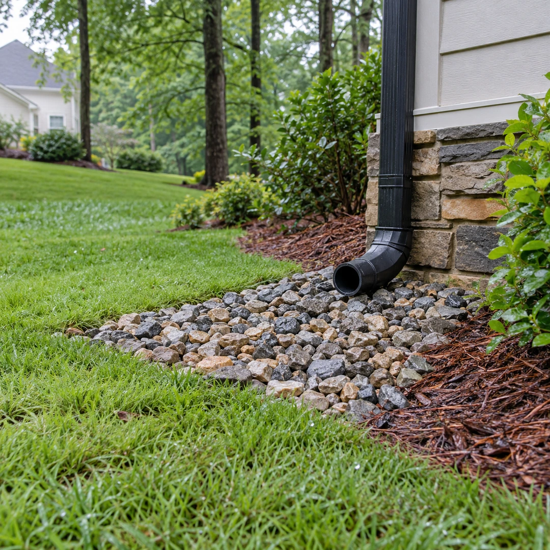 Intact downspout outlet above a stone drainage bed