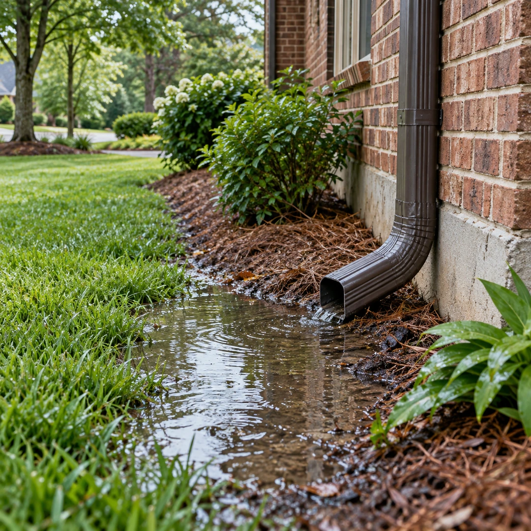Water pooling near a downspout beside a brick foundation