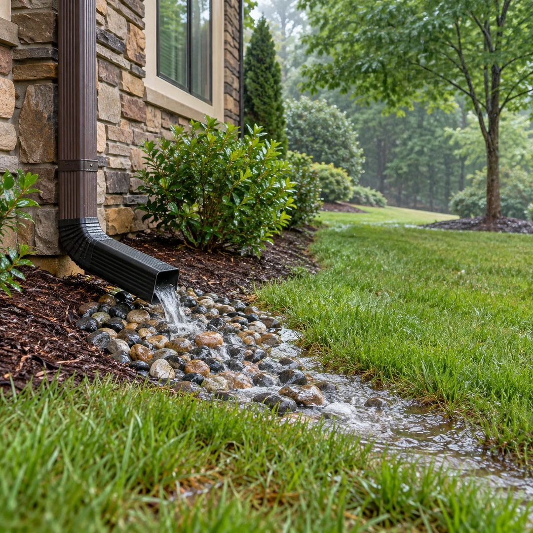 Rainwater flowing from a downspout onto a stone splash bed