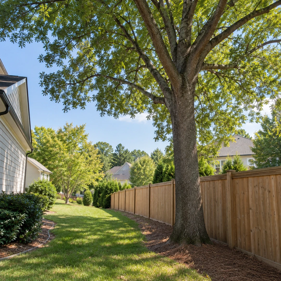Mature tree beside a wooden fence and side yard