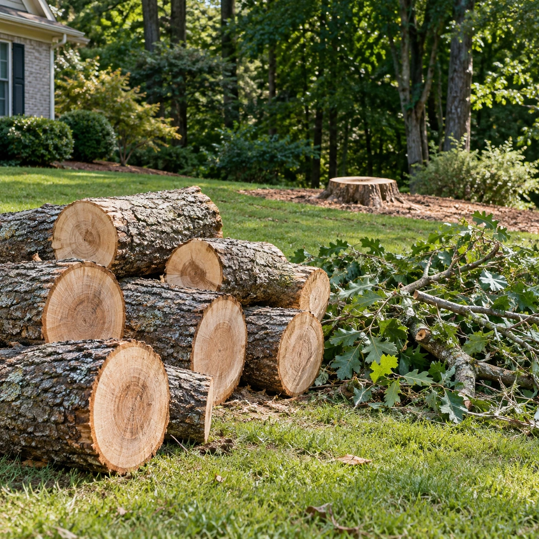 Cut trunk sections and leafy branches awaiting debris handling