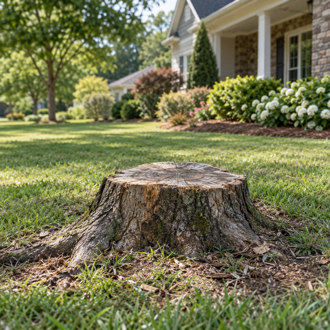 Weathered stump with natural roots in an open lawn