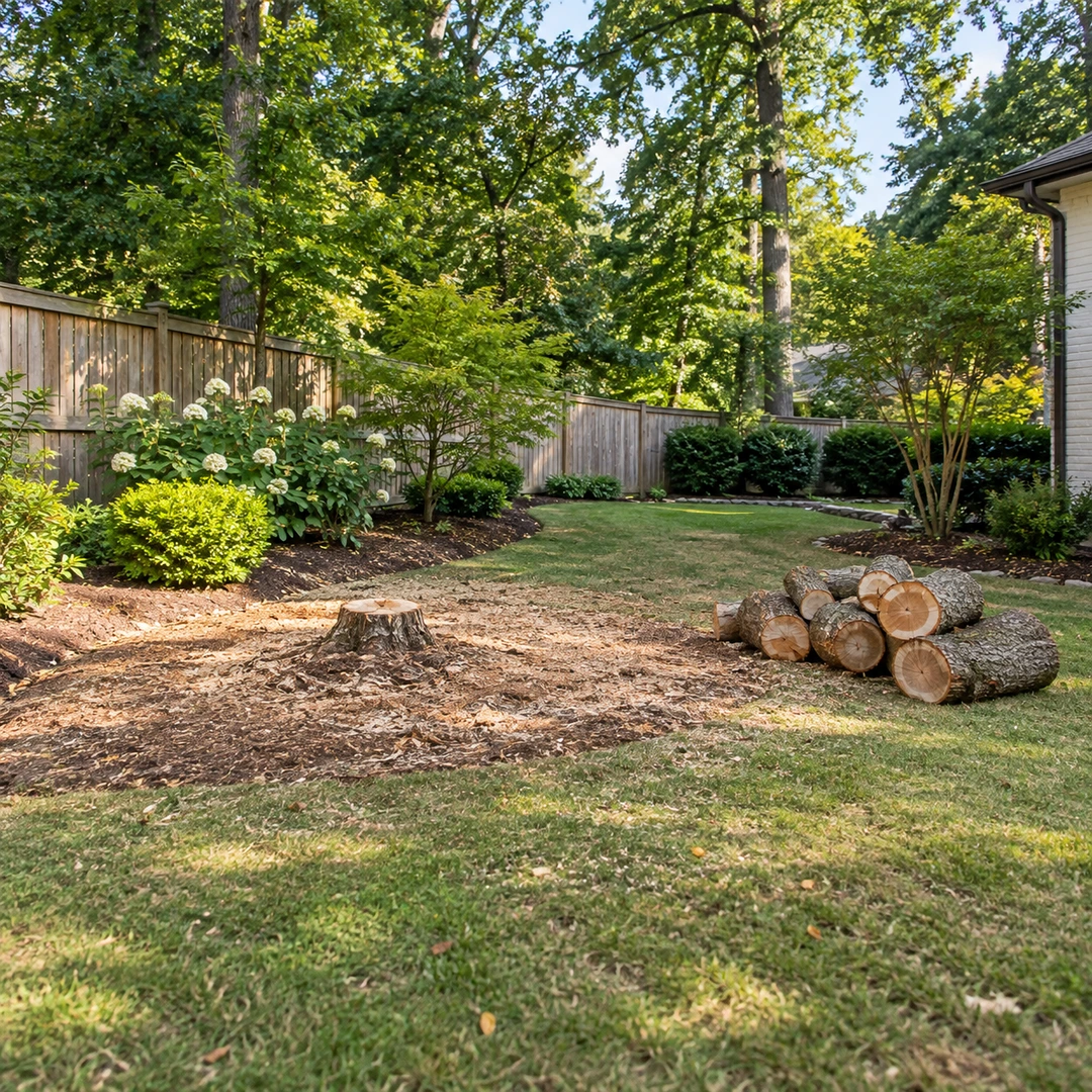 Low stump and stacked logs beside a garden fence