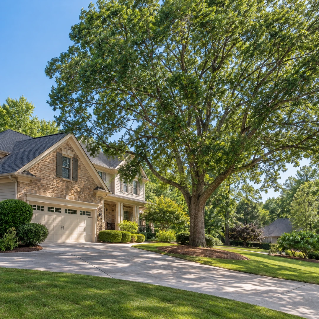 Mature shade tree beside a suburban driveway and house
