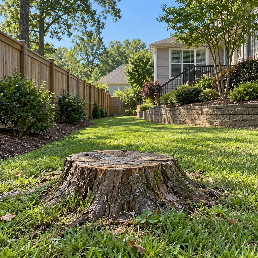 Low weathered stump in a grassy side yard beside a fence
