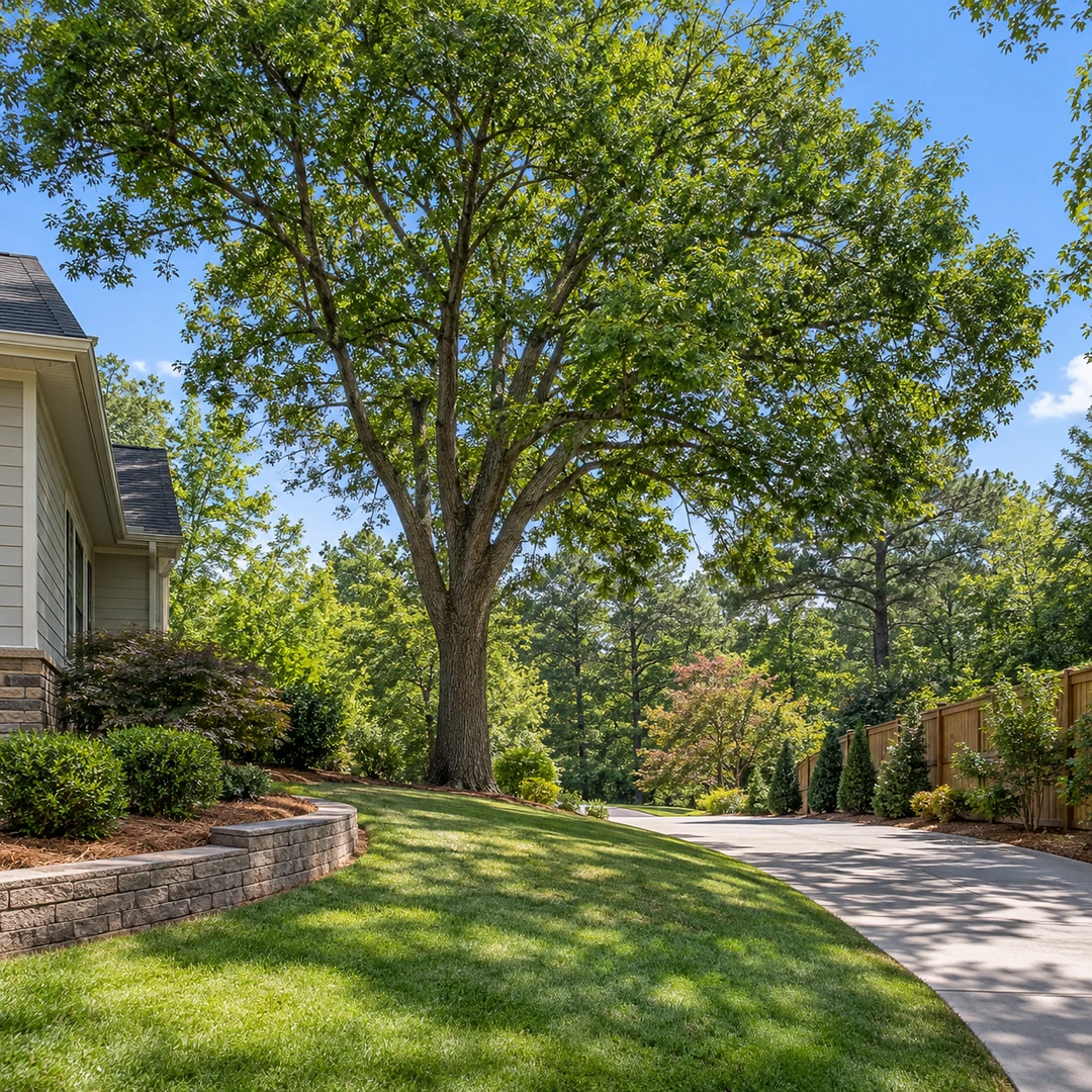 Mature tree beside a suburban driveway and lawn