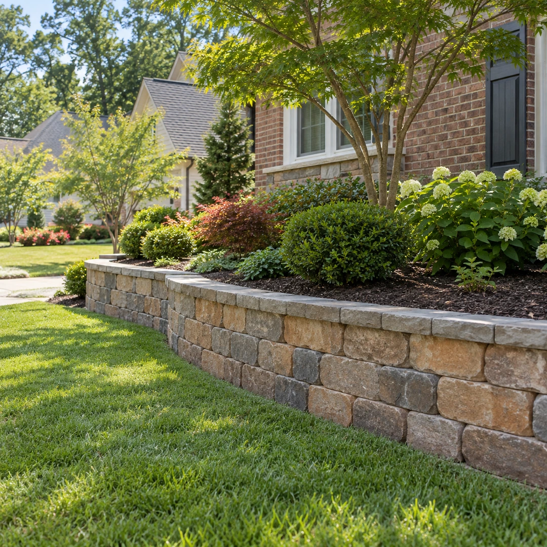 Low stone retaining wall supporting a planted garden