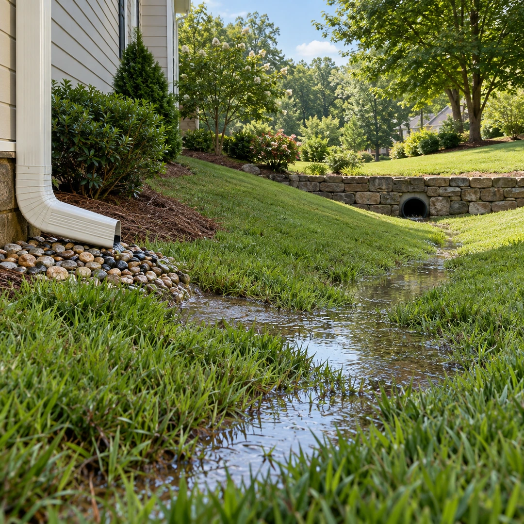 Water pooling in a lawn swale beside a downspout