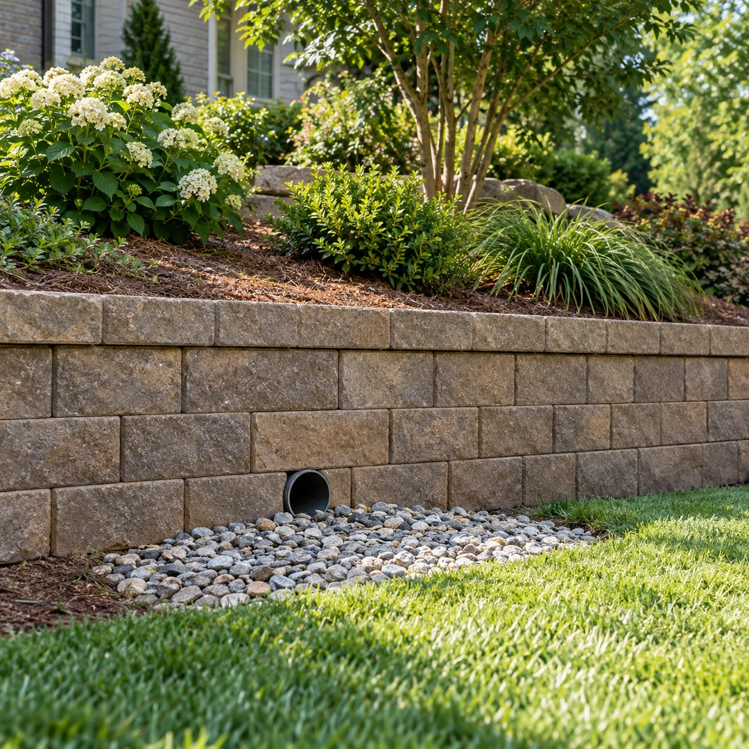 Finished stone retaining wall with an outlet above gravel