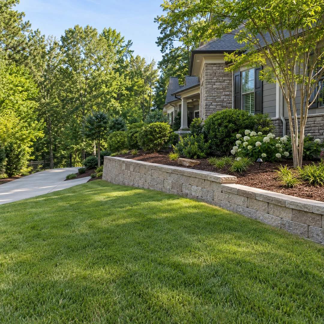 Short retaining wall beside a sloping residential lawn