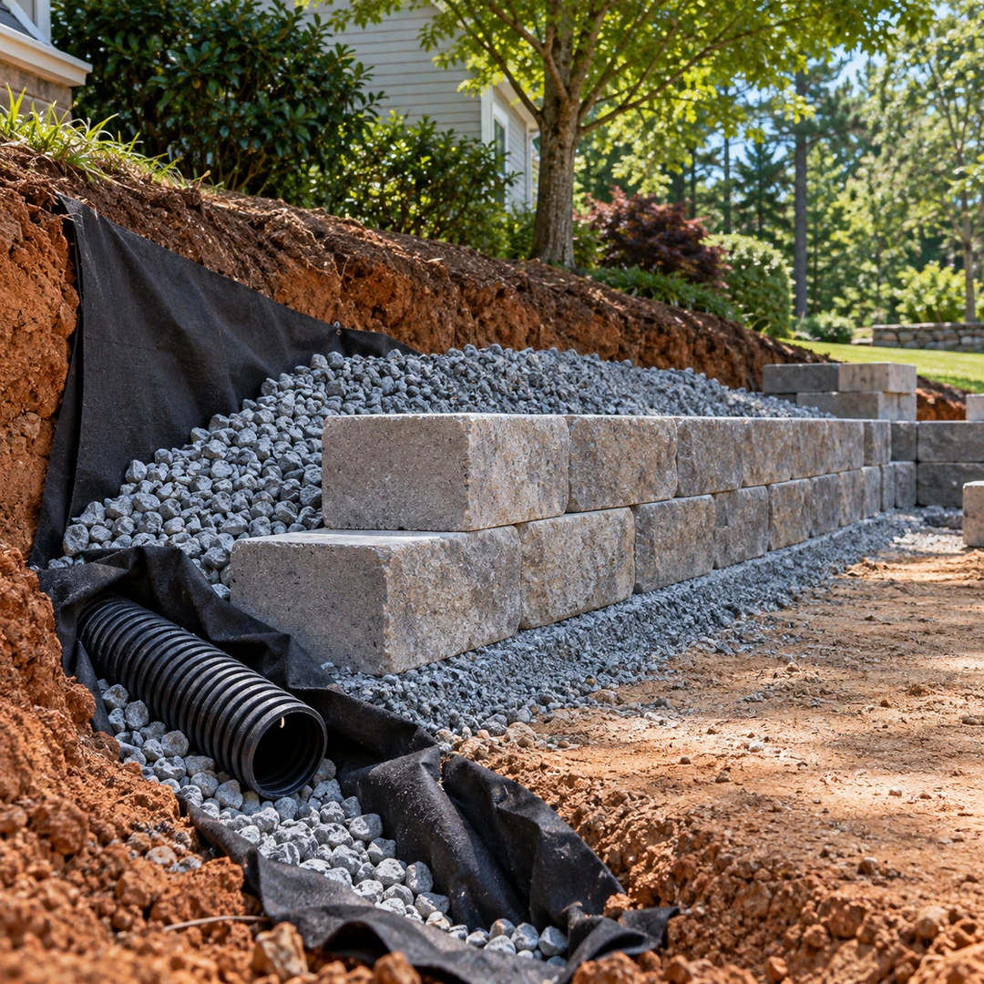Retaining wall construction with gravel base and drainage pipe