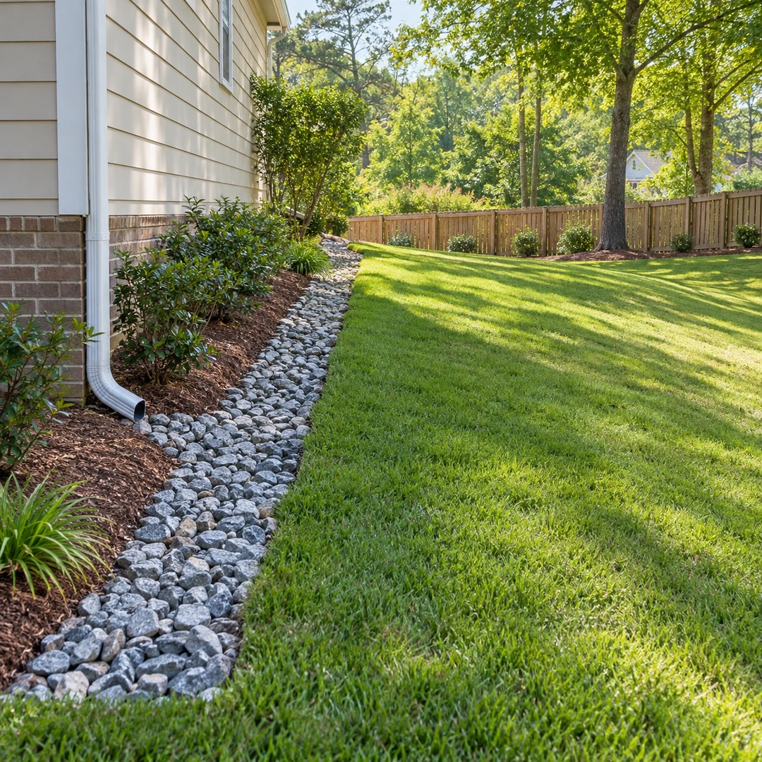 Side lawn with a downspout and gravel drainage strip