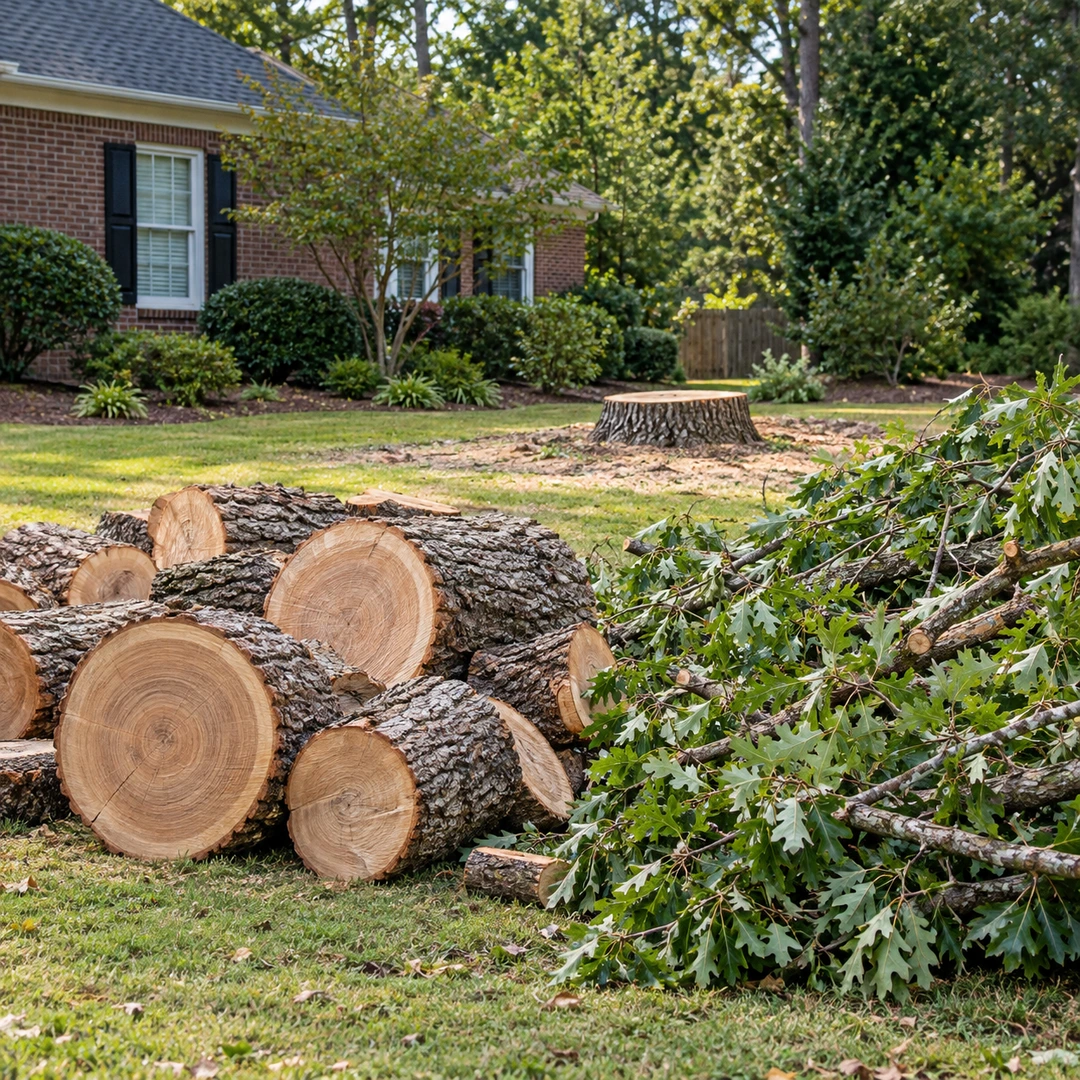 Cut trunk sections and leafy branches beside a remaining stump
