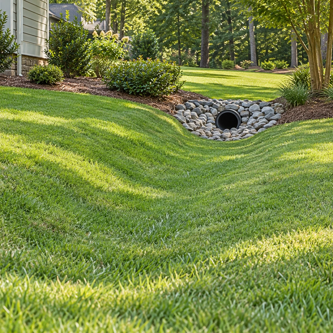 Finished grass swale leading to a stone protected drain outlet