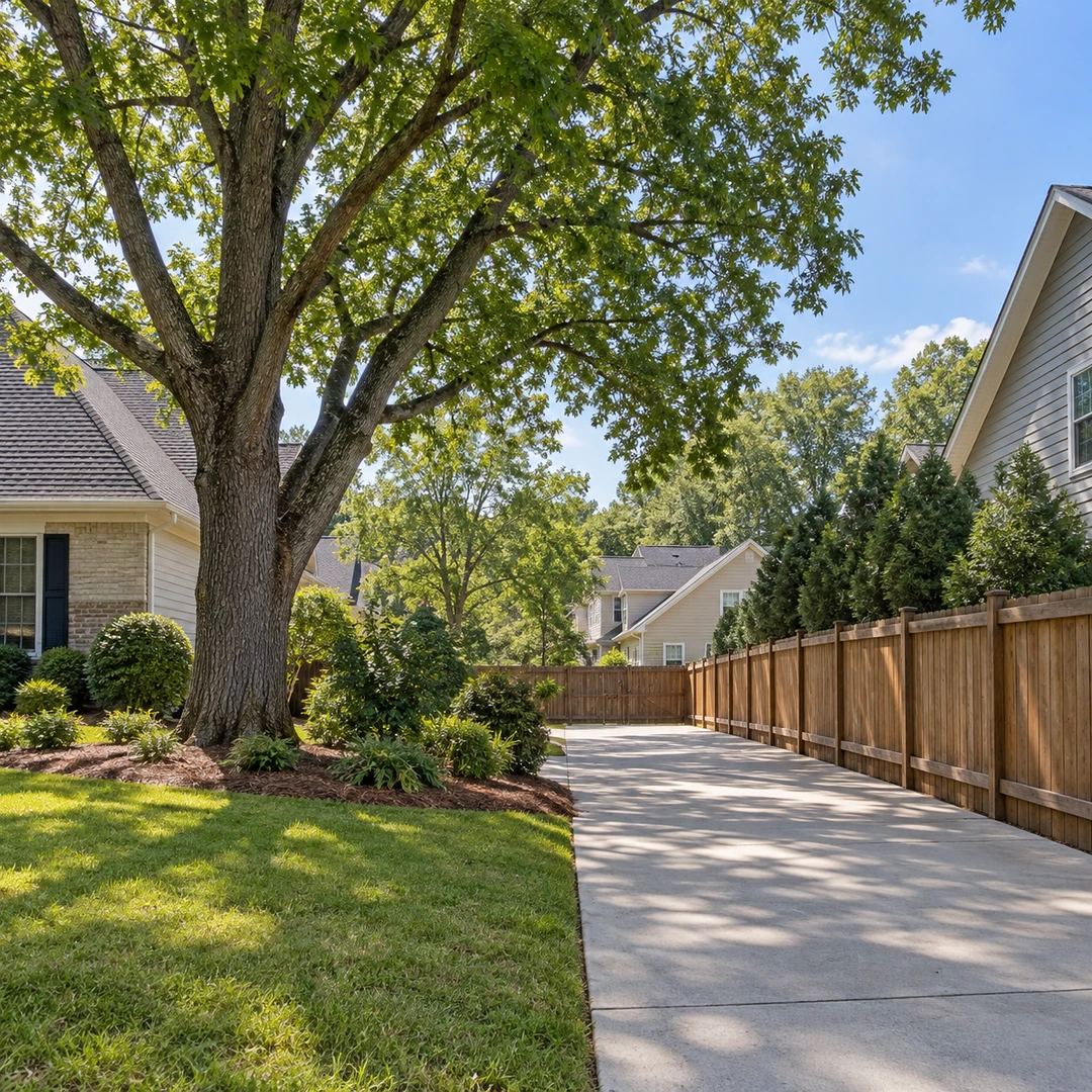 Mature tree beside a clear driveway and wooden fence