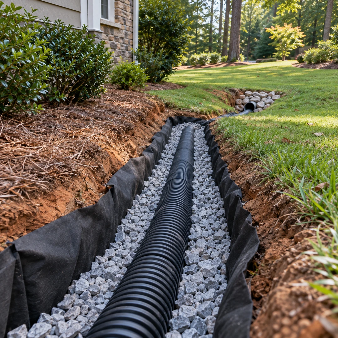 Fabric lined trench with drainage pipe bedded in gravel