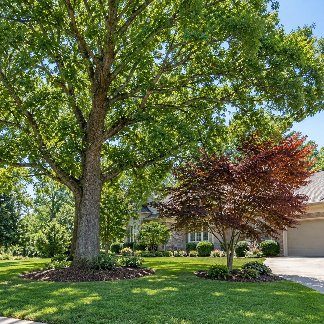 Large shade tree beside a smaller ornamental tree