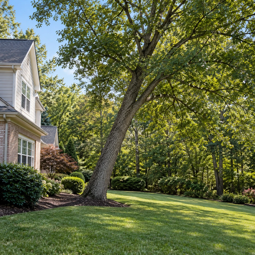 Moderately leaning mature tree beside an open lawn