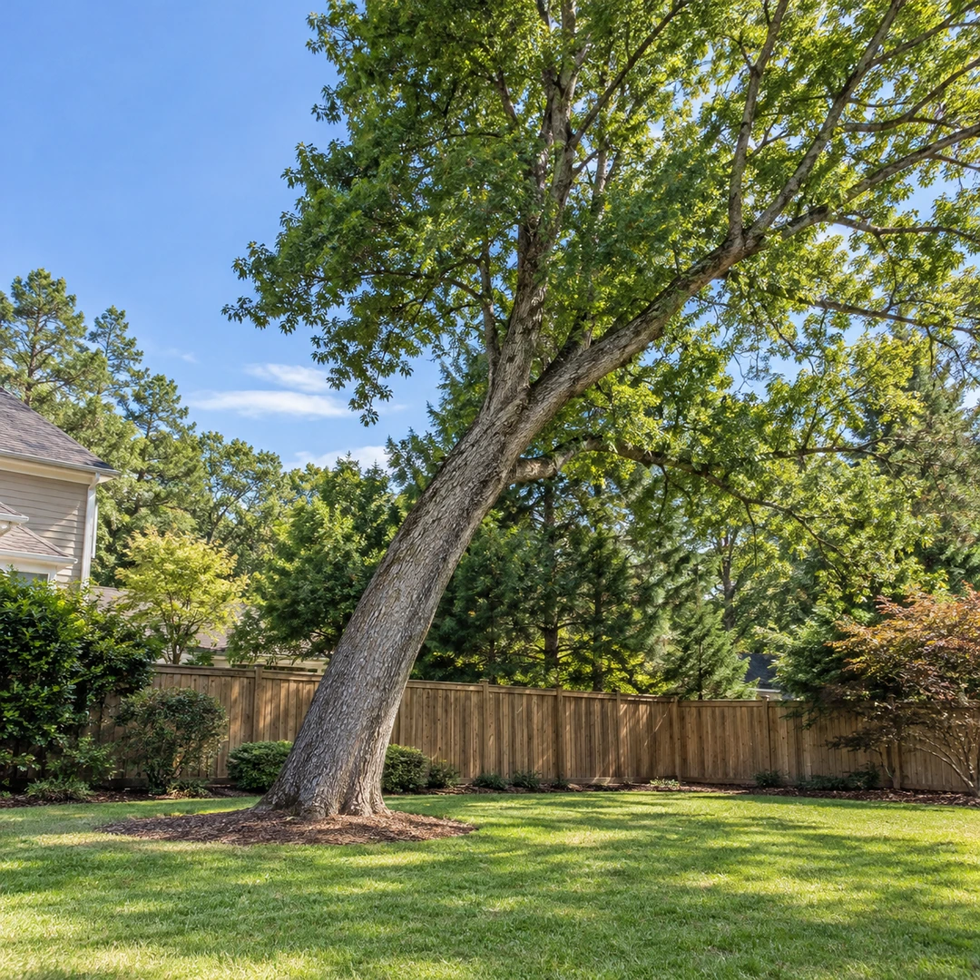 Leaning tree near a wooden property fence