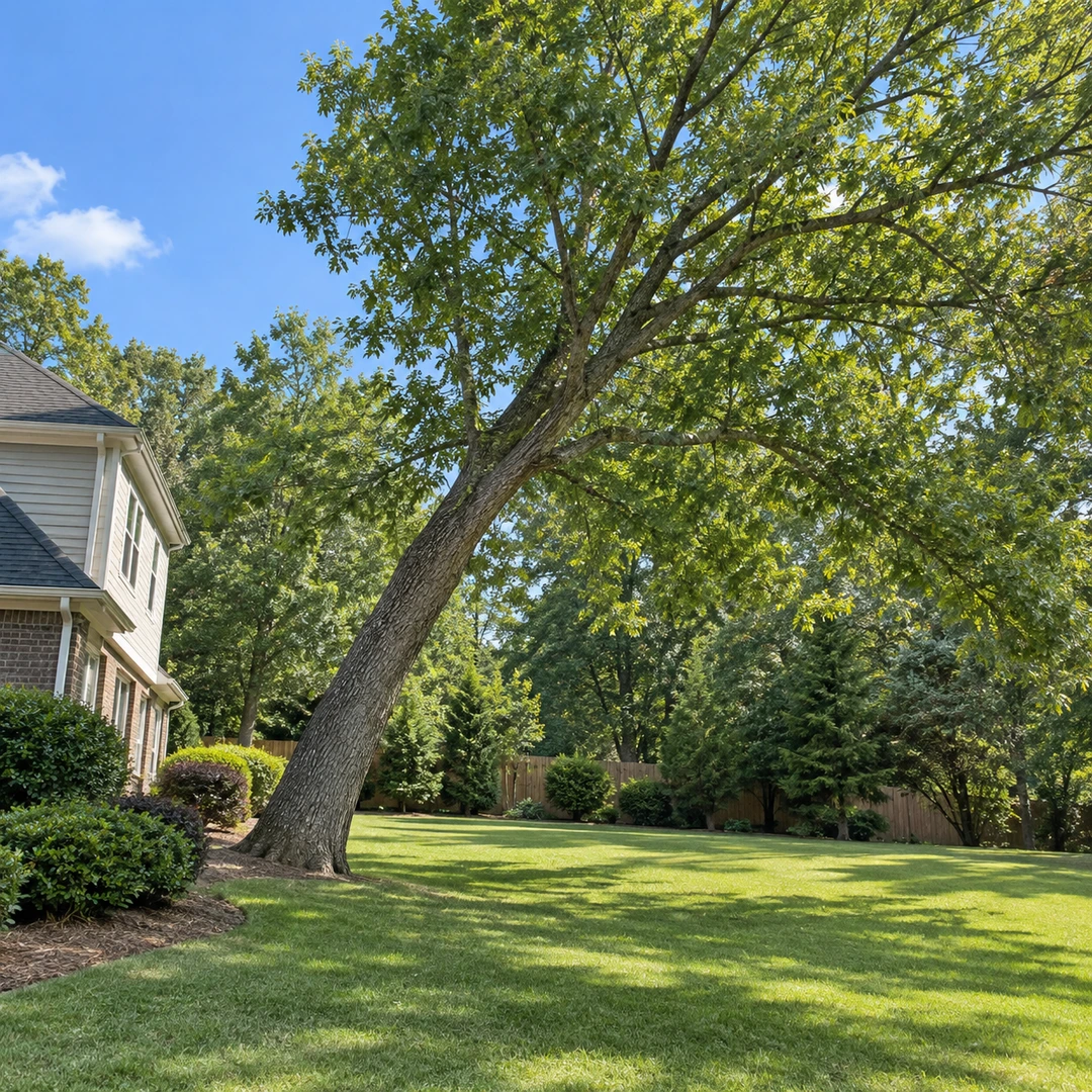 Side view of a leaning tree and open working space