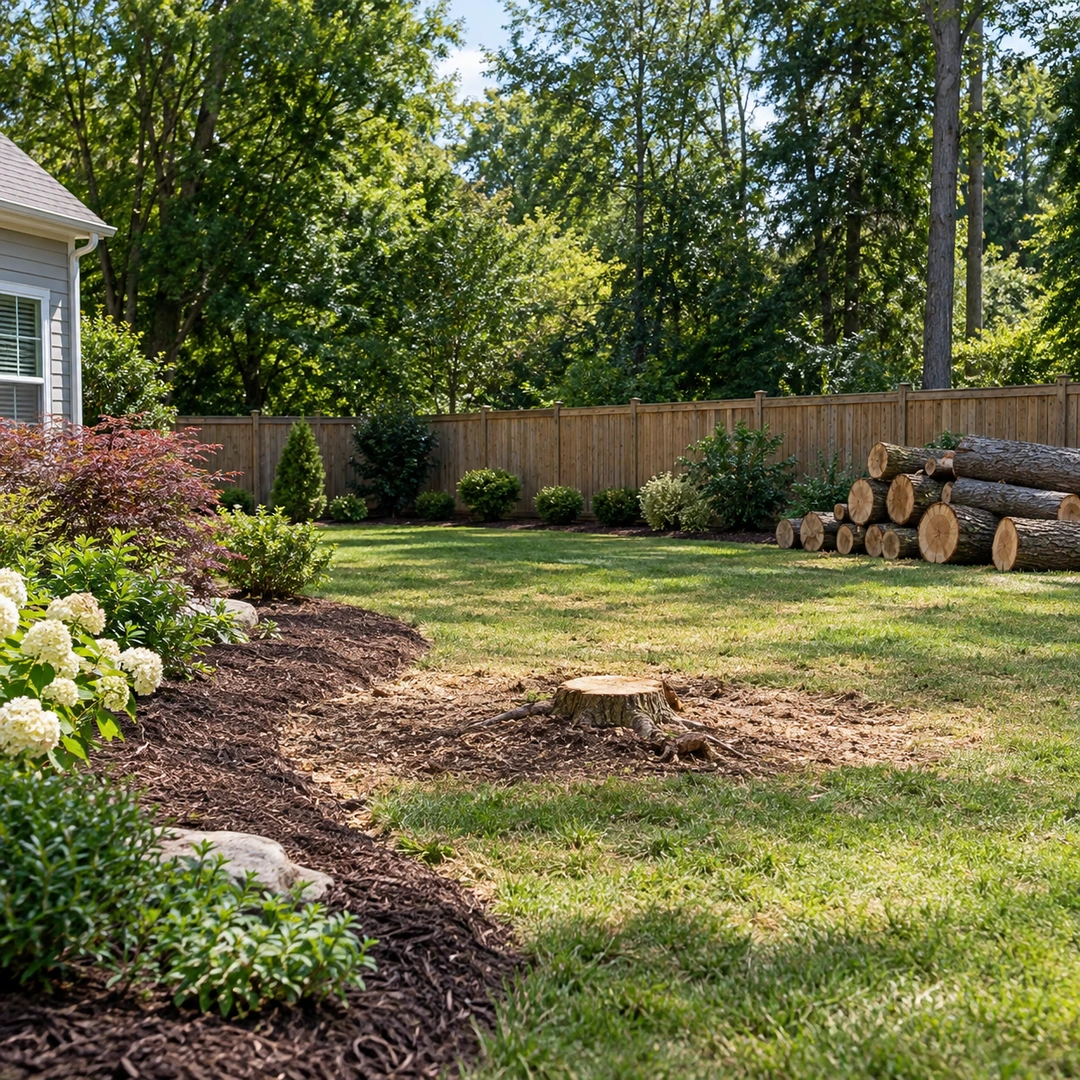 Cleared tree area with a low stump and stacked logs