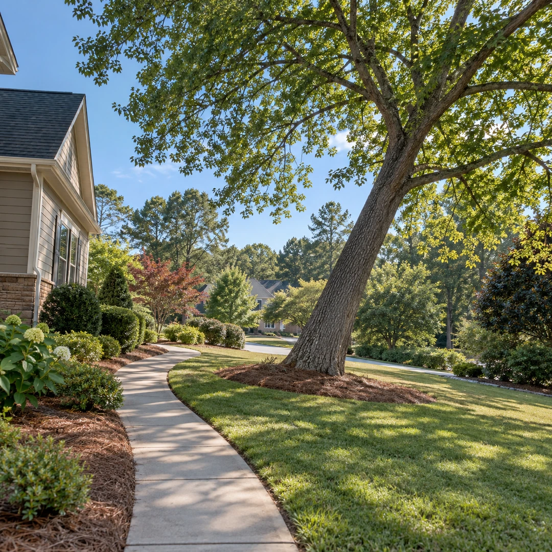 Leaning tree beside an empty suburban yard path