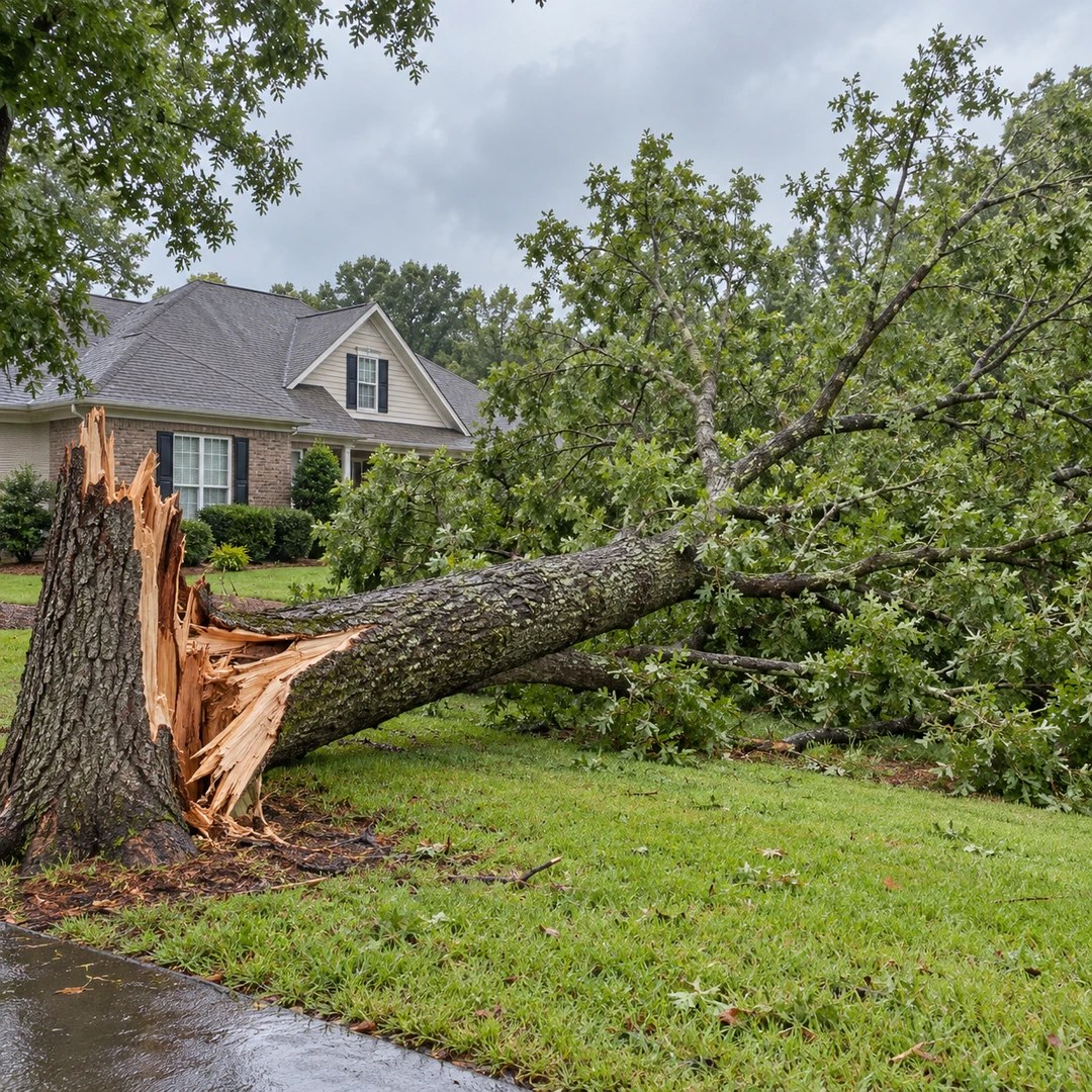 Storm fallen tree with a broken trunk on a residential lawn