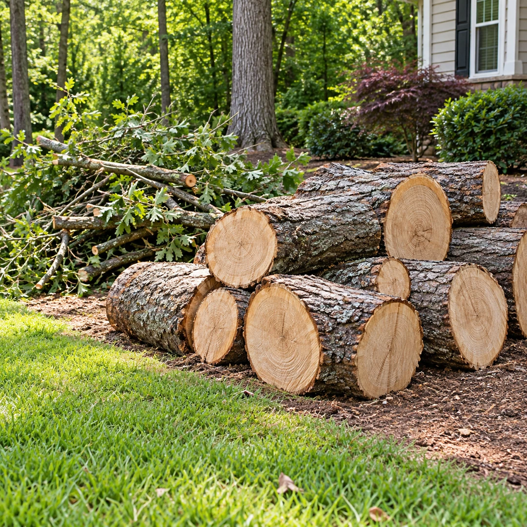 Neatly stacked trunk rounds with smaller branches nearby