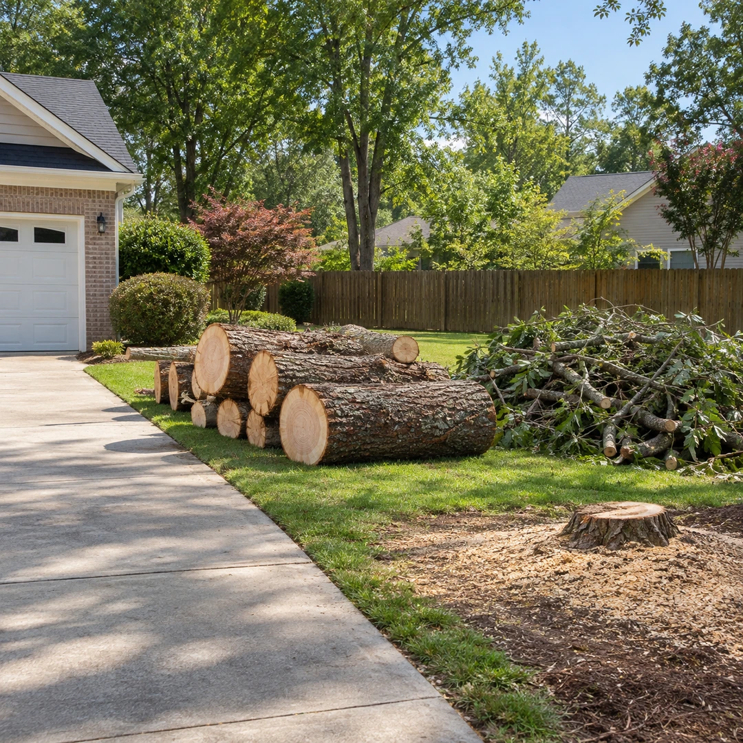 Driveway access beside logs and a cut branch pile