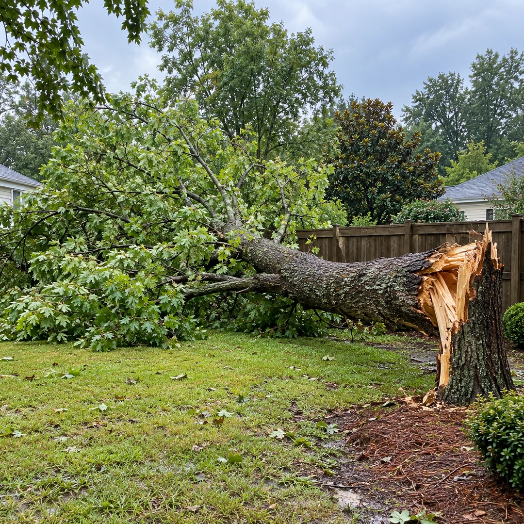 Storm fallen tree beside a wooden fence on damp lawn