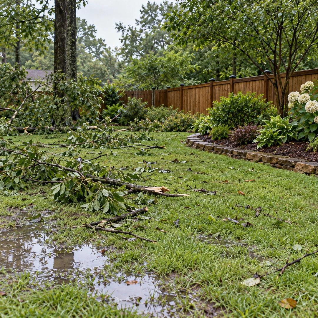 Small storm branches scattered across a rain damp lawn