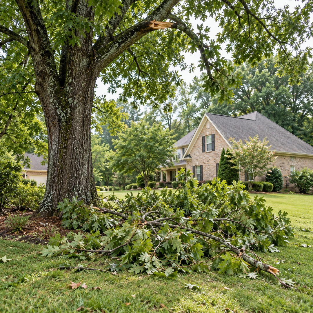 Fallen leafy limb beneath a tree with storm damaged branches