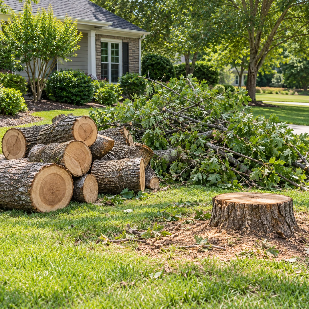 Trunk rounds and leafy branches beside a remaining stump